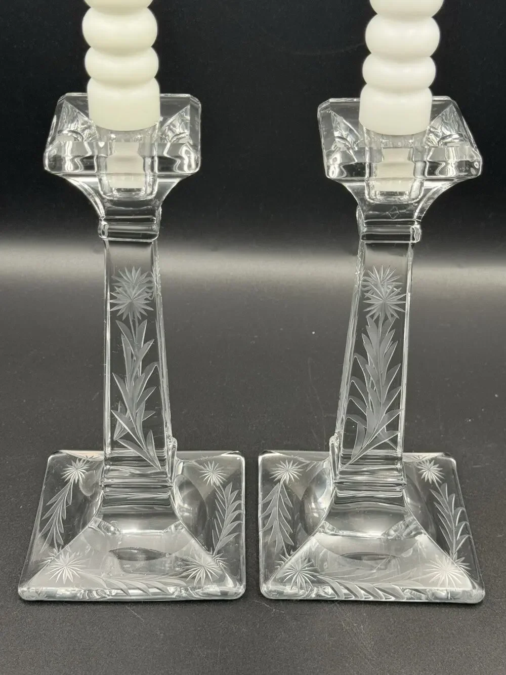 Heisey Aristocrat Hughes Cornflower Cut Glass Candlesticks Set of 2 Marked